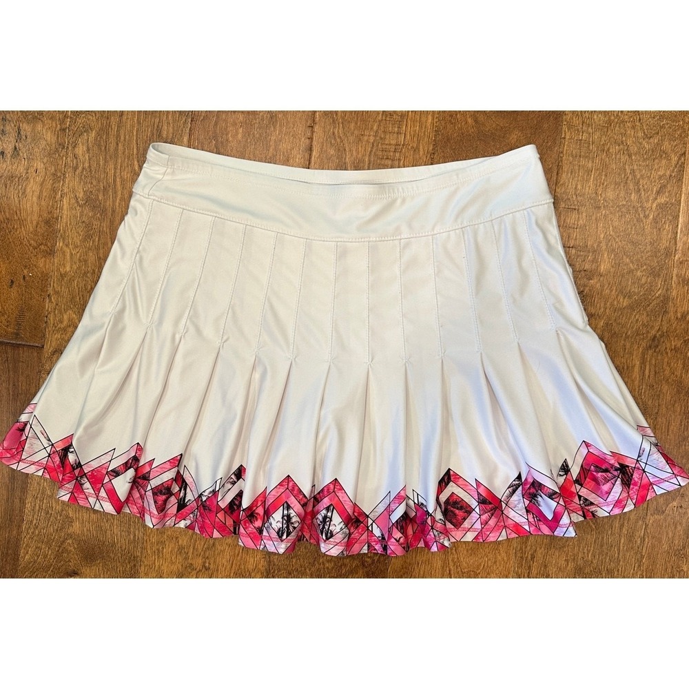 Lucky in Love Pleated Tennis Skort Sz L 12 White Geometric Palm Print Pickleball - Picture 2 of 10
